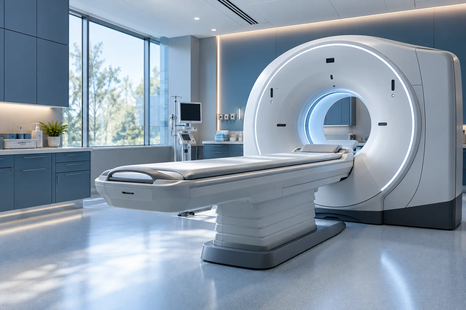 Illustrative diagnostic imaging room with an unbranded CT scanner