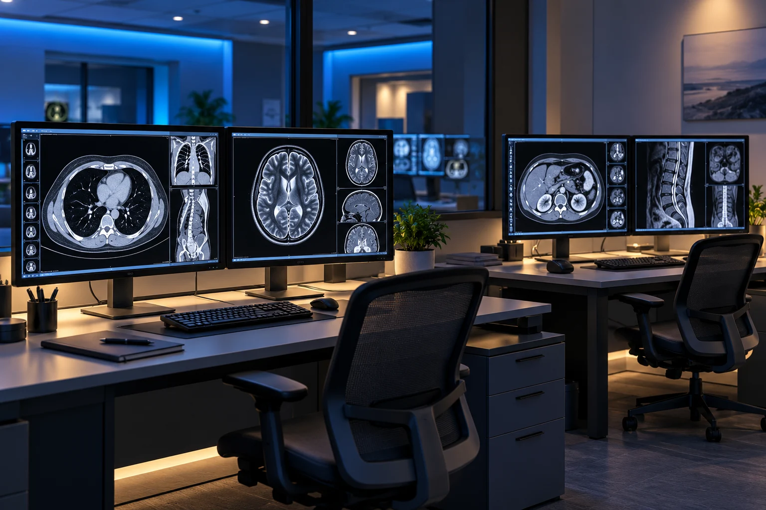 Illustrative radiology reporting room with medical imaging workstations in dim light